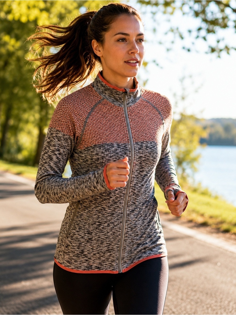 Textured Zip Front Athletic Jacket Small Gray Coral Activewear Layer